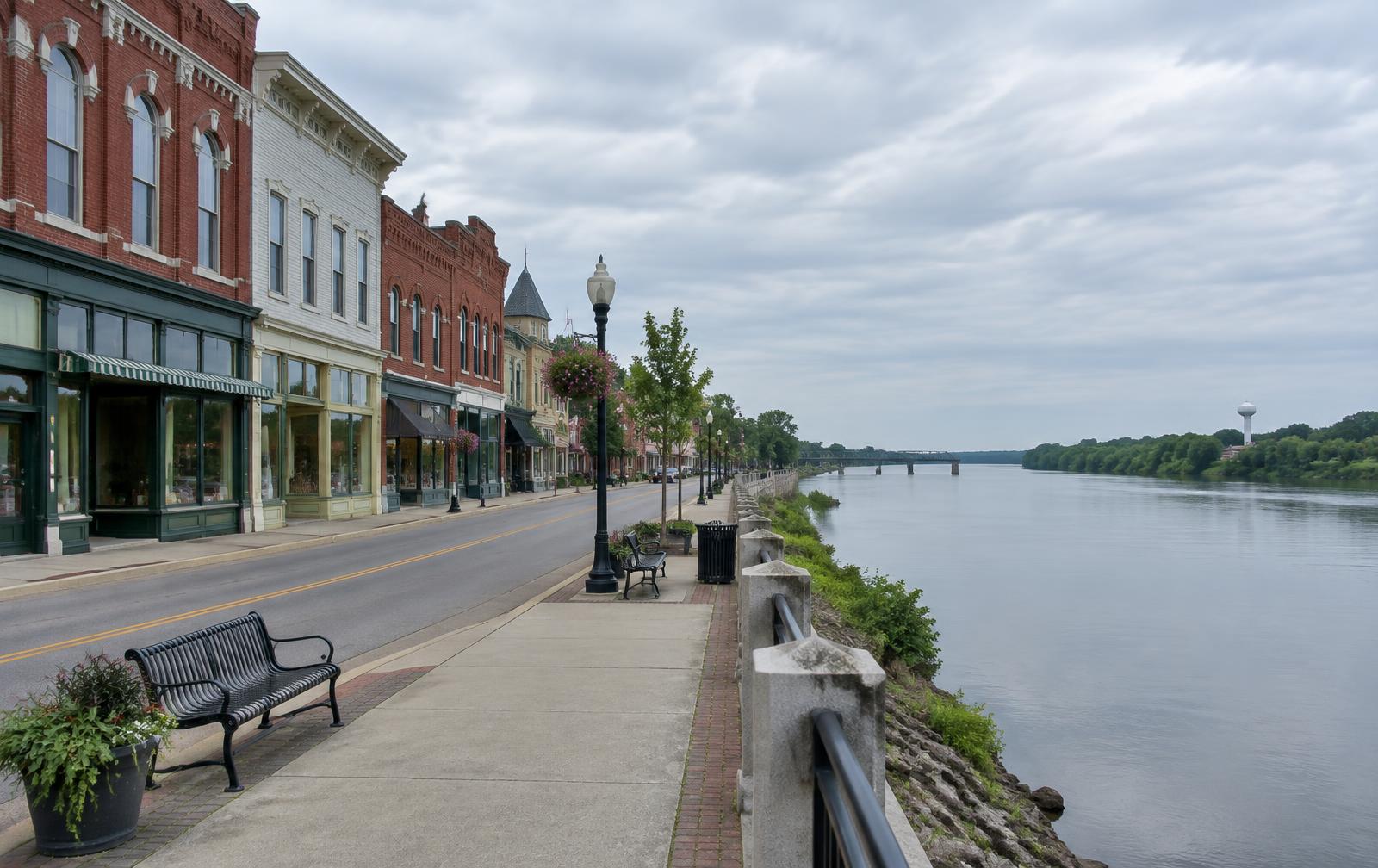 Historic storefronts along a riverfront main street in a Downriver Michigan community