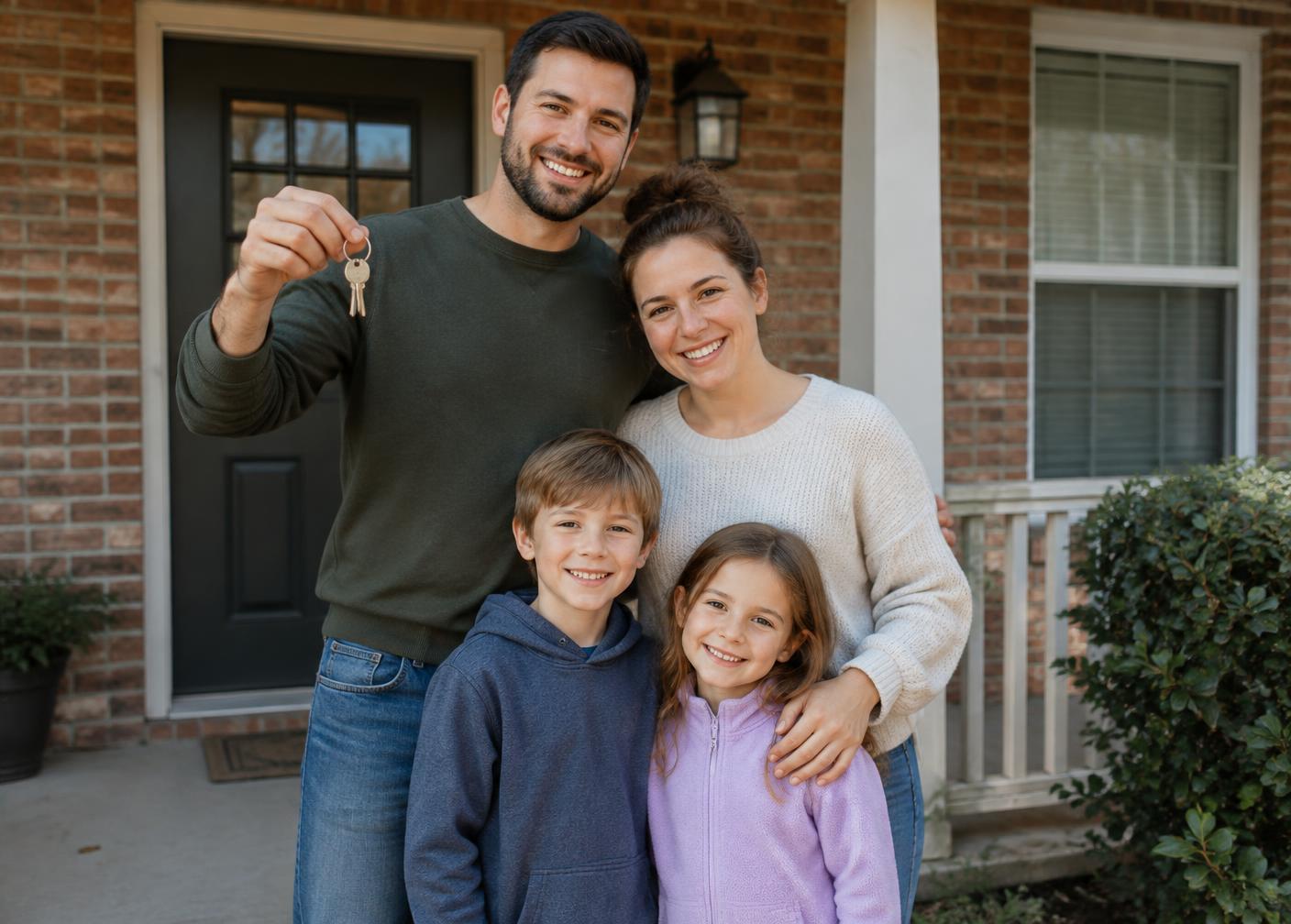 A family standing on the front porch of their new brick home holding the keys